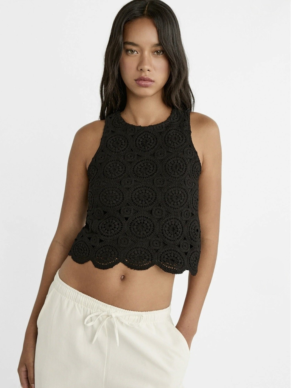 Stradivarius Black Crochet Sleeveless Top L Cotton Blend Summer Boho Chic